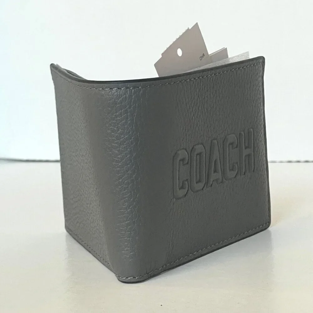 Coach Slim Billfold Wallet Charcoal Gray Graphic Pebbled Leather Mens CZ062